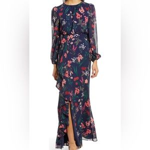 Eliza J Floral Cascade Ruffle Dress, Long Sleeve, sz 6